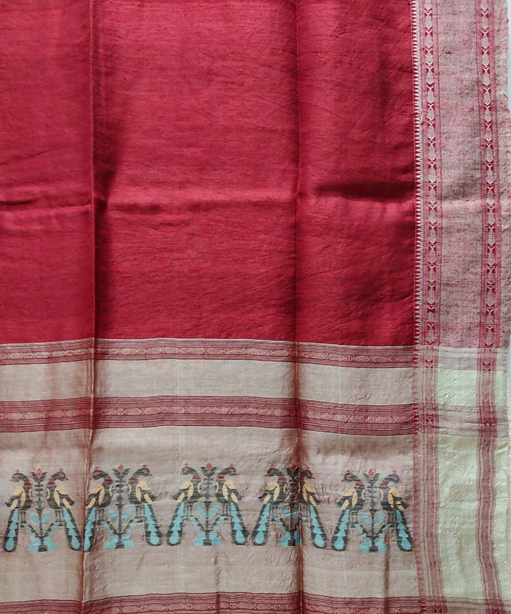 Maroon handwoven matka and tussar silk saree