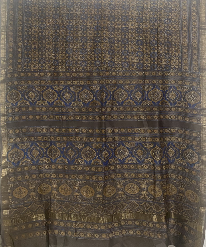 Beige blue hand block print chanderi cotton silk ajrakh saree
