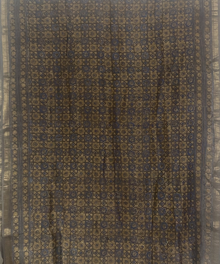 Beige blue hand block print chanderi cotton silk ajrakh saree