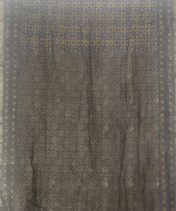 Beige blue hand block print chanderi cotton silk ajrakh saree