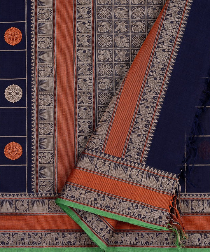 Navy blue checks handwoven kanchi cotton saree