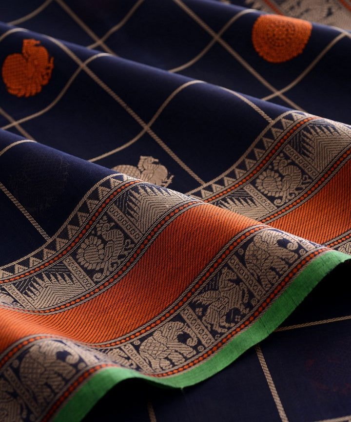 Navy blue checks handwoven kanchi cotton saree