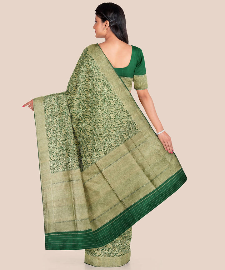 Bottle green beige handloom silk katan banarasi saree