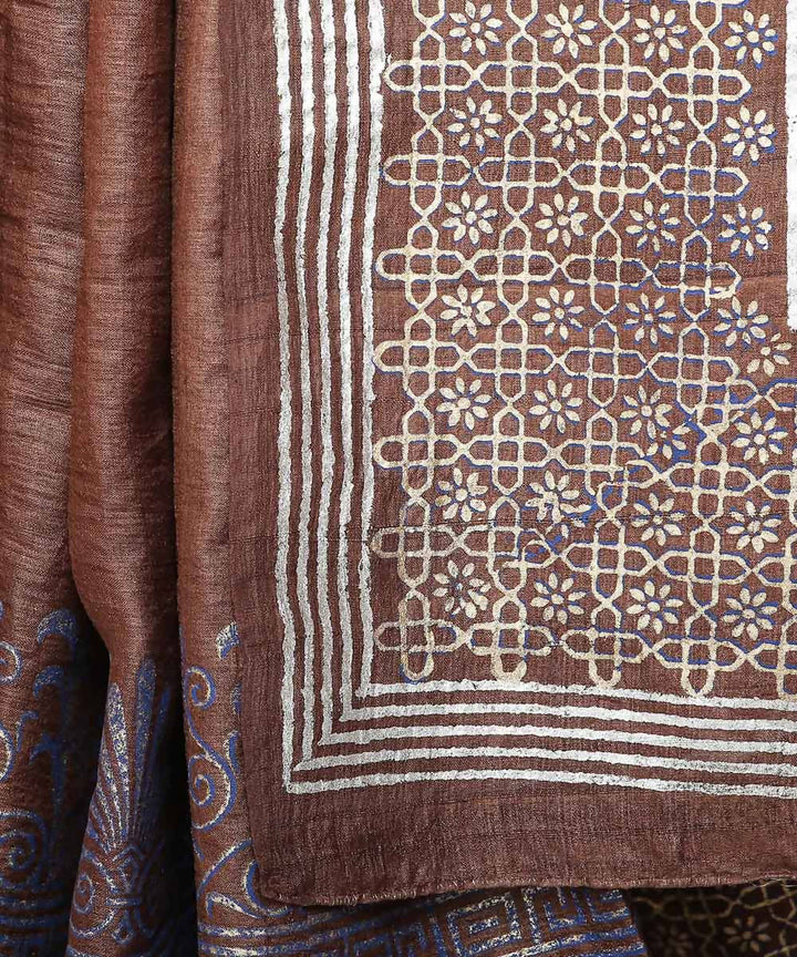 Kiara crafts brown handwoven handblock print tussar silk saree