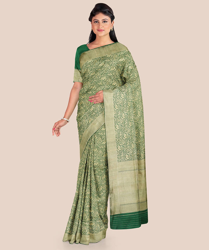 Bottle green beige handloom silk katan banarasi saree