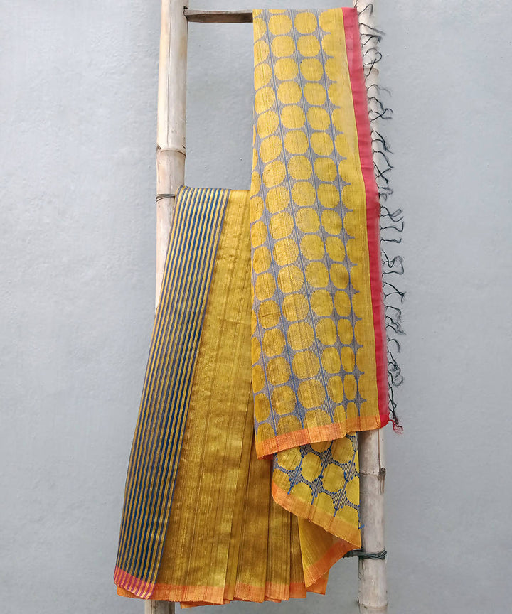 Yellow gold handwoven extra weft silk saree