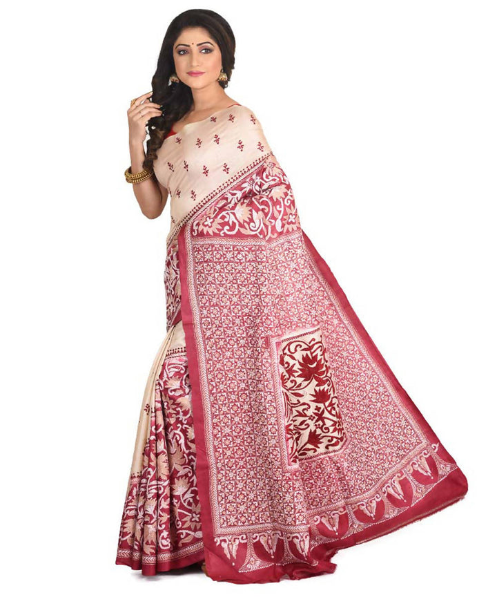 Maroon exclusive bengal tasar saree with hand embroidery work