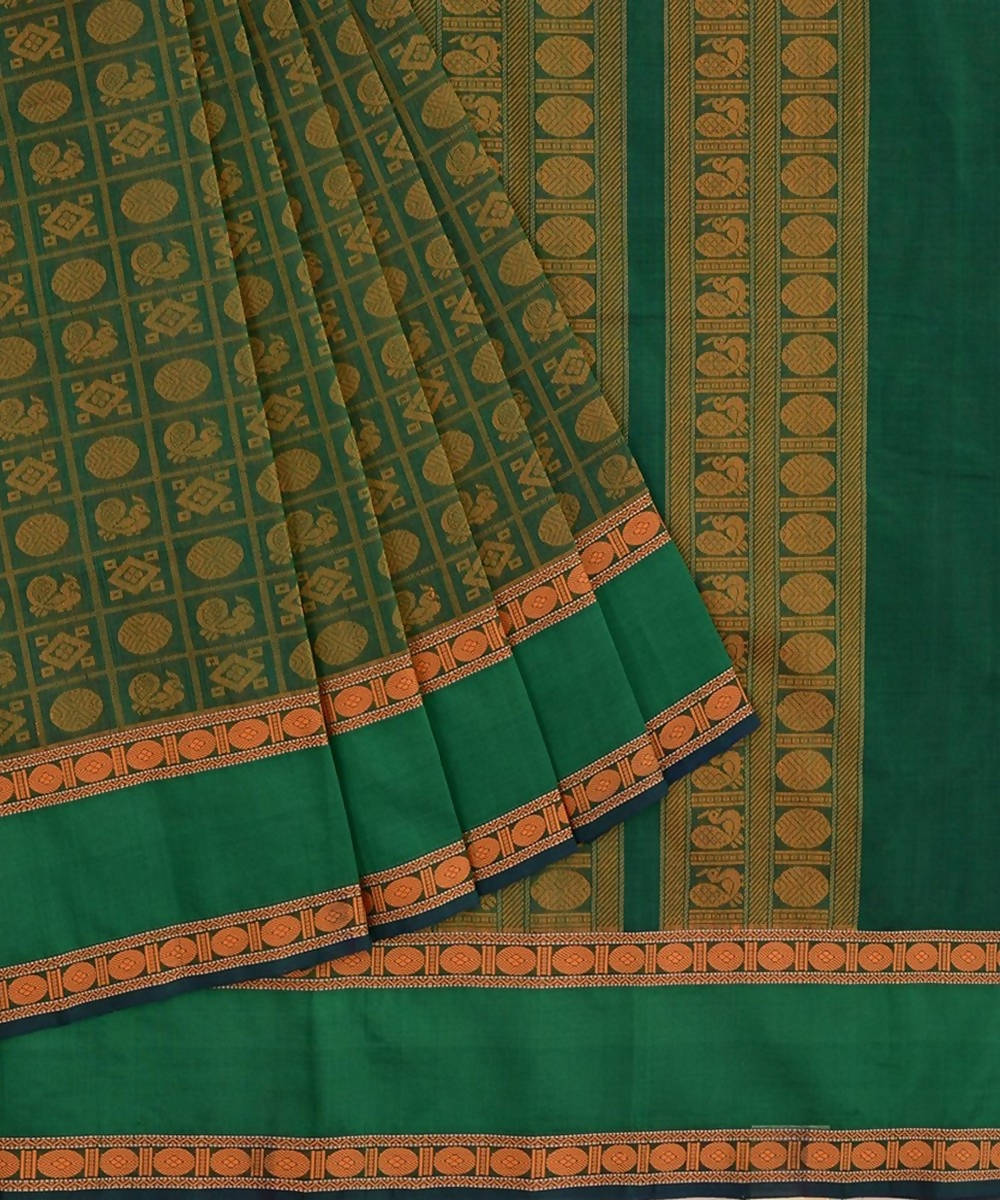 Bottle green kanchi silkcotton saree ayiram 1000 butta rudraksh border