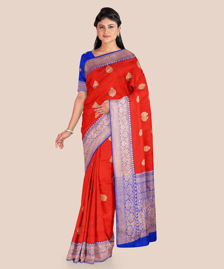 Red and blue handloom silk katan banarasi saree