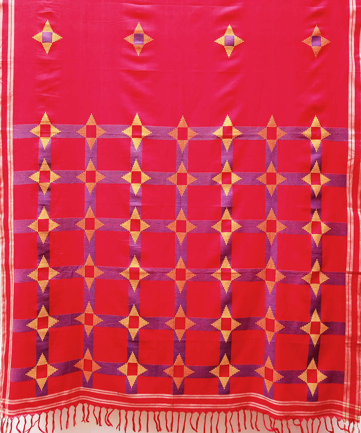 Red yellow handwoven extra weft cotton saree