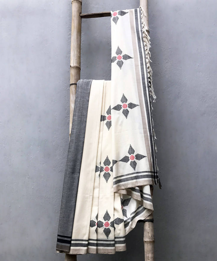 White black hand woven extra weft cotton saree