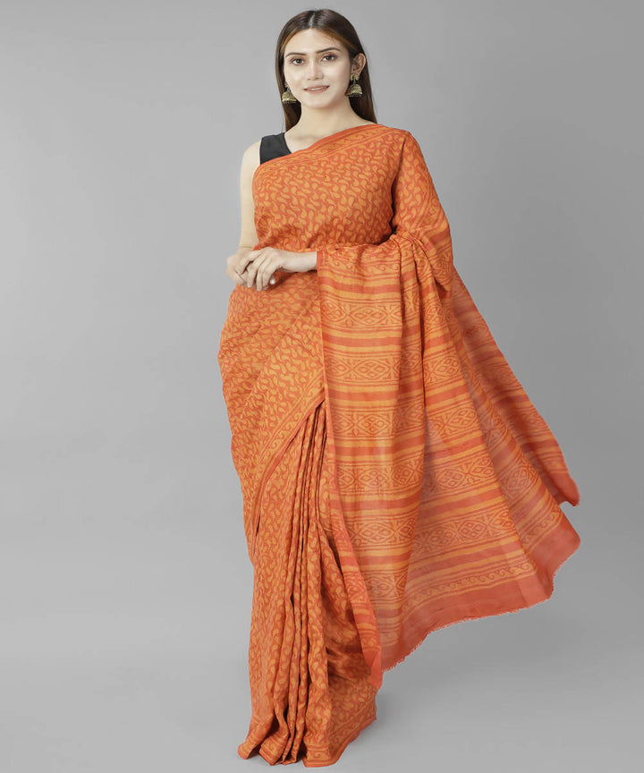 Orange bagru handblock printed tussar silk saree
