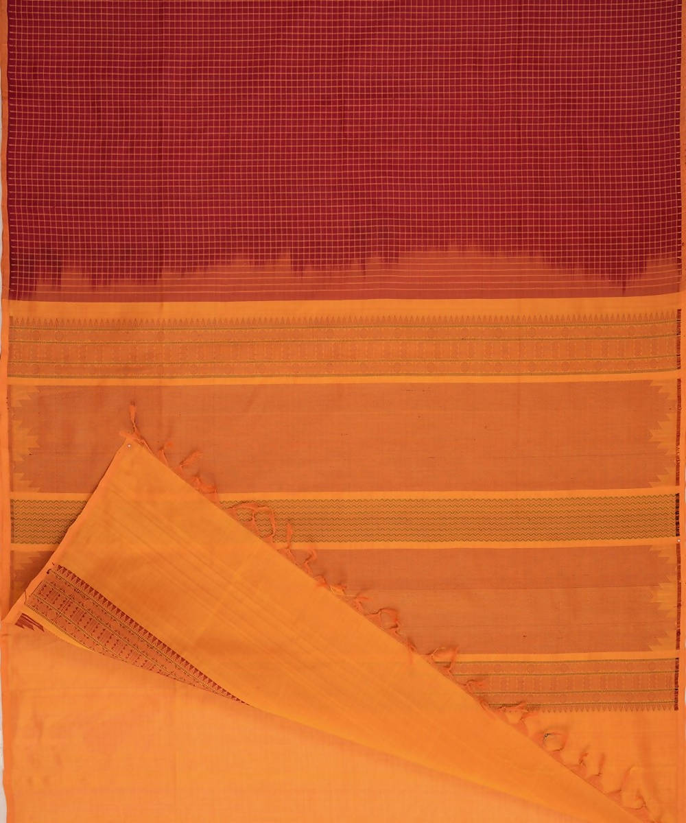 Maroon kanchi silk cotton saree with checks and mustard pallu