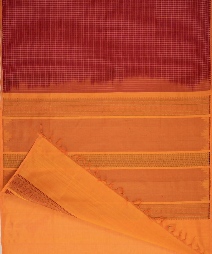 Maroon kanchi silk cotton saree with checks and mustard pallu