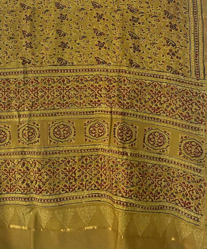 Yellow hand block print chanderi cotton silk ajrakh saree
