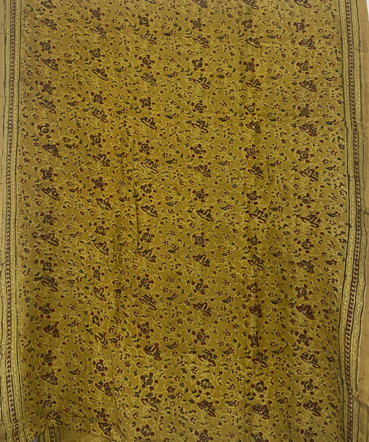 Yellow hand block print chanderi cotton silk ajrakh saree