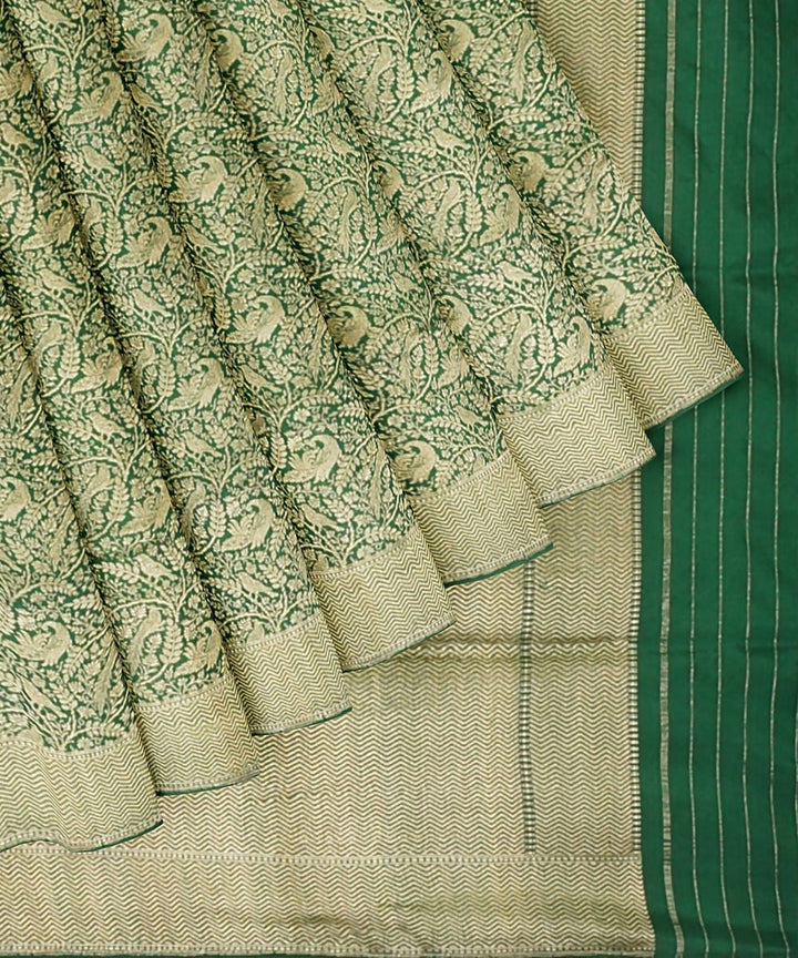 Bottle green beige handloom silk katan banarasi saree