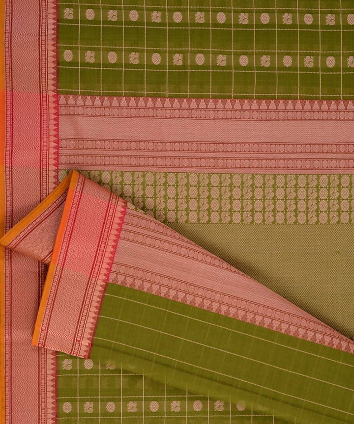 Olive green handloom kanchi cotton saree with mayil chakram checks