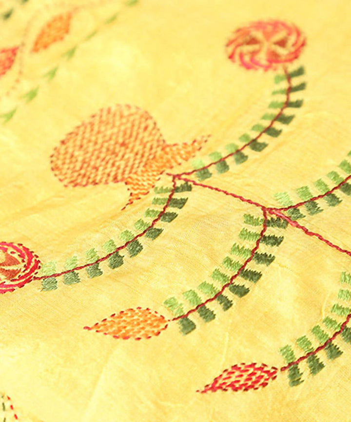 Lemon yellow hand embroidery kantha stitch silk saree