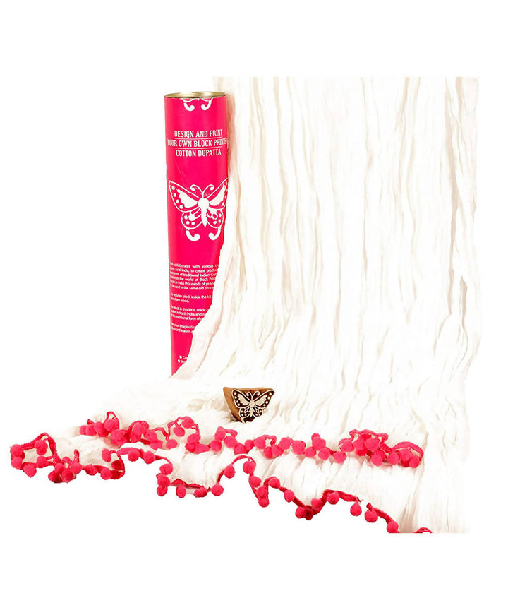 Handmade Wooden Butterfly Block Print DIY Craft Kit For Dupatta(Pink)