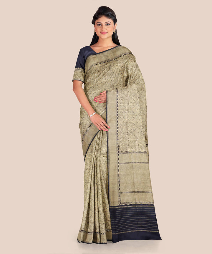 Cream dark navy blue handwoven katan silk banarasi saree