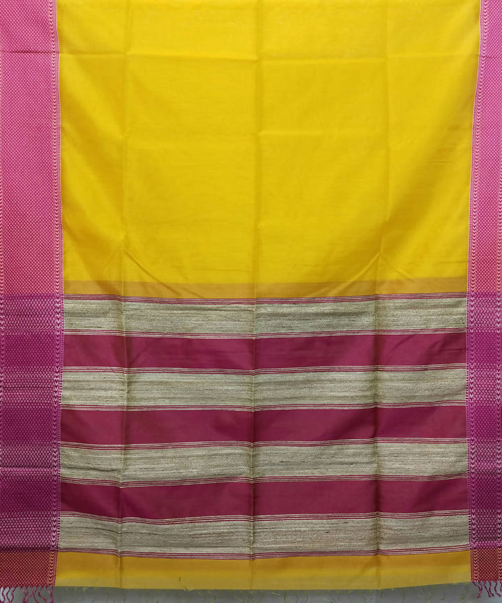 Yellow and pink handloom cotton silk maheshwari saree