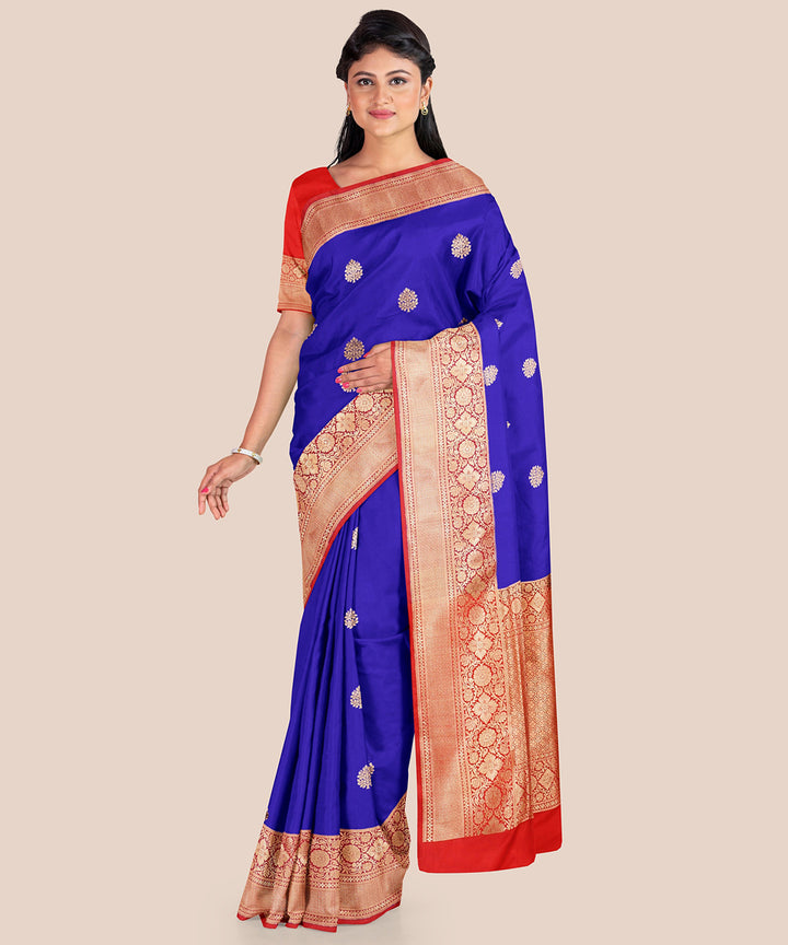 Navy blue and orange silk handwoven banarasi saree