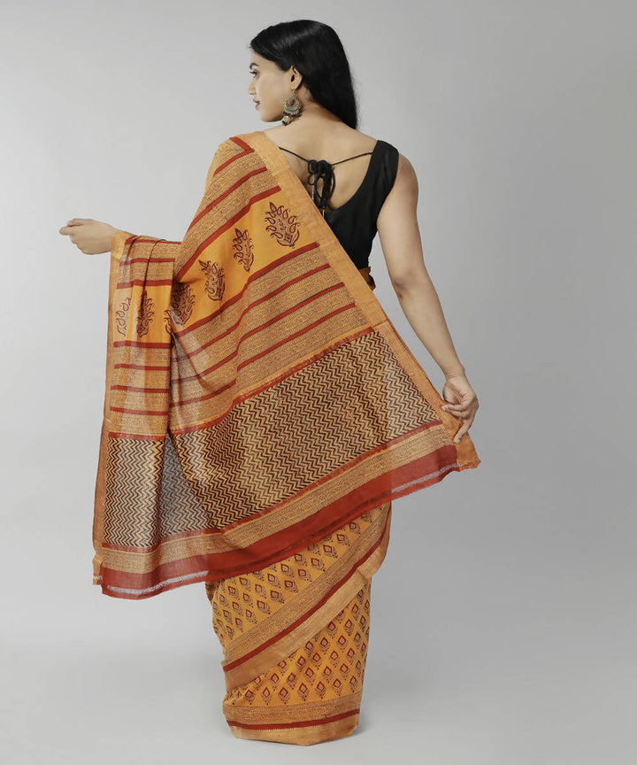 Deep carrot orange bagru handblock printed cotton saree