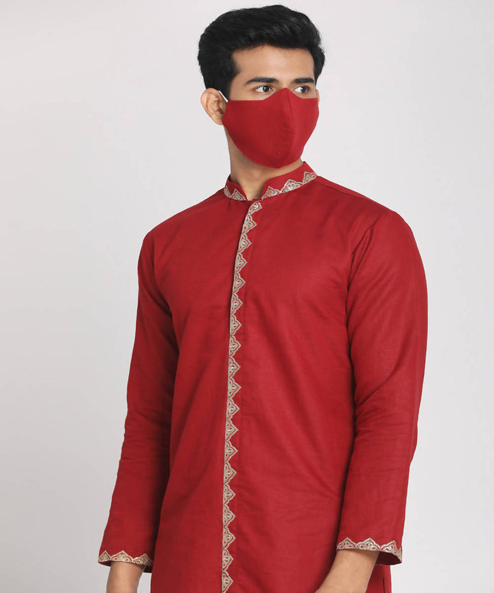 Maroon cotton linen zari embroidery long kurta