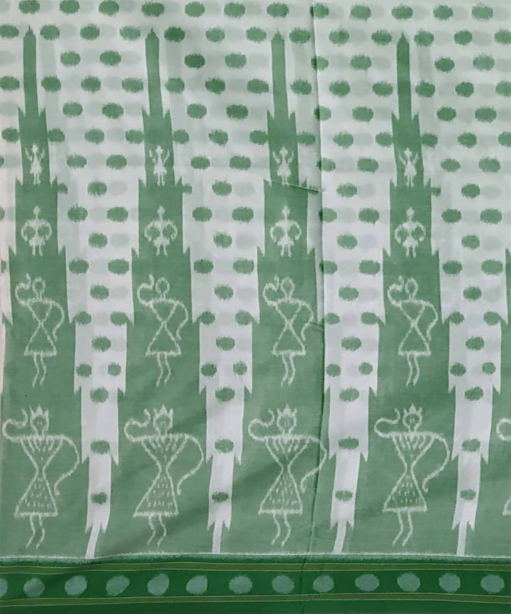 Off white green handwoven cotton ikat nuapatna saree