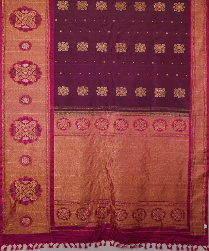 Dark maroon red handwoven silk gadwal saree