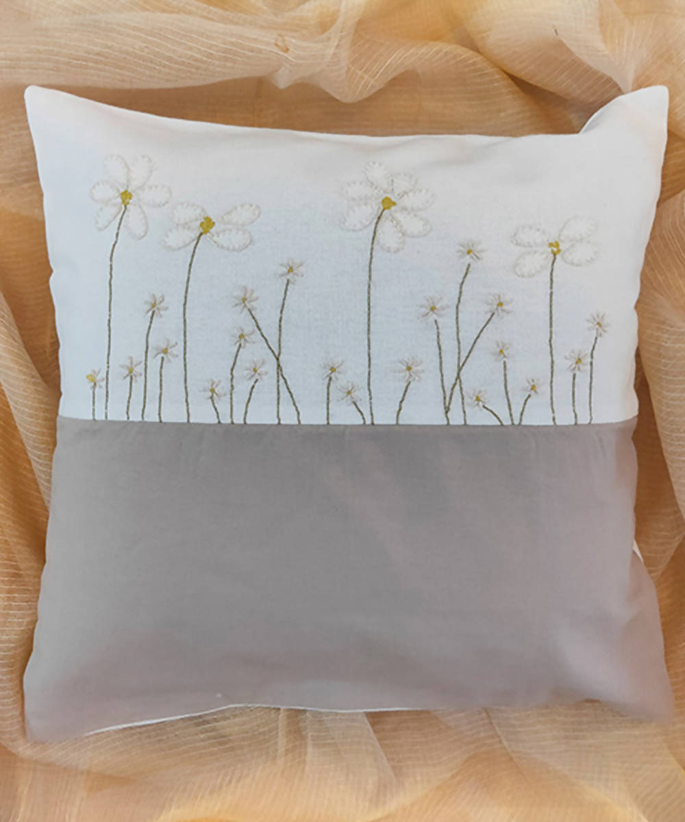 White grey hand embroidered cotton cushion cover