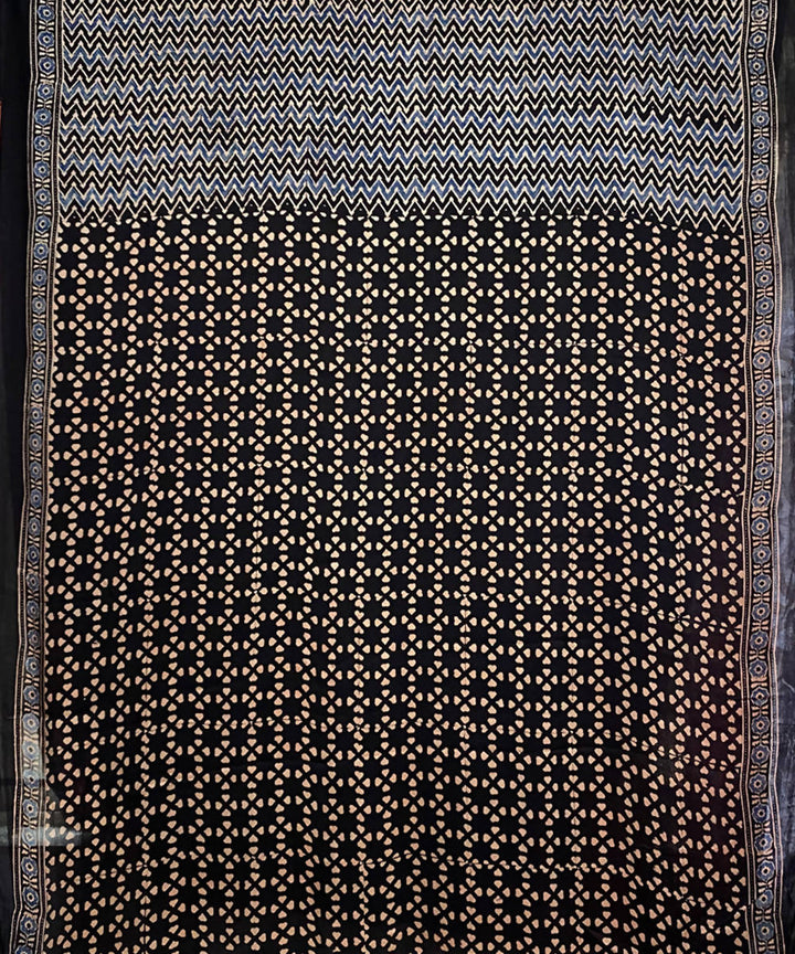 Black grey hand printed ajrakh modal silk saree