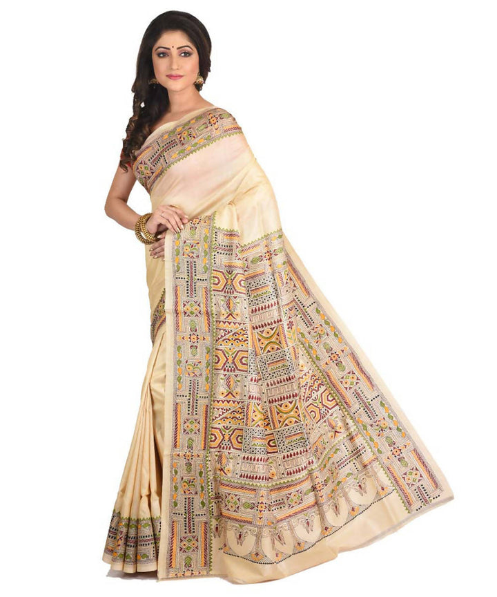 Beige Bengal exclusive tasar saree with hand embroidery work