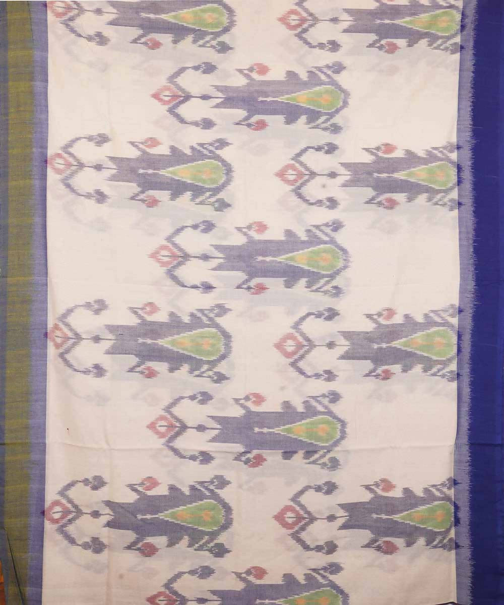 White and blue cotton handwoven ikat pochampally saree