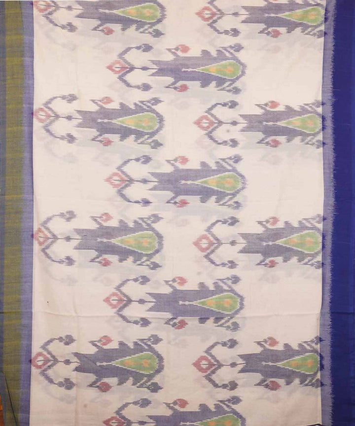 White and blue cotton handwoven ikat pochampally saree