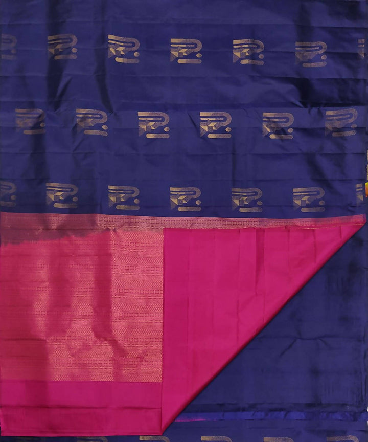 Navy blue and pink handloom soft silk saree