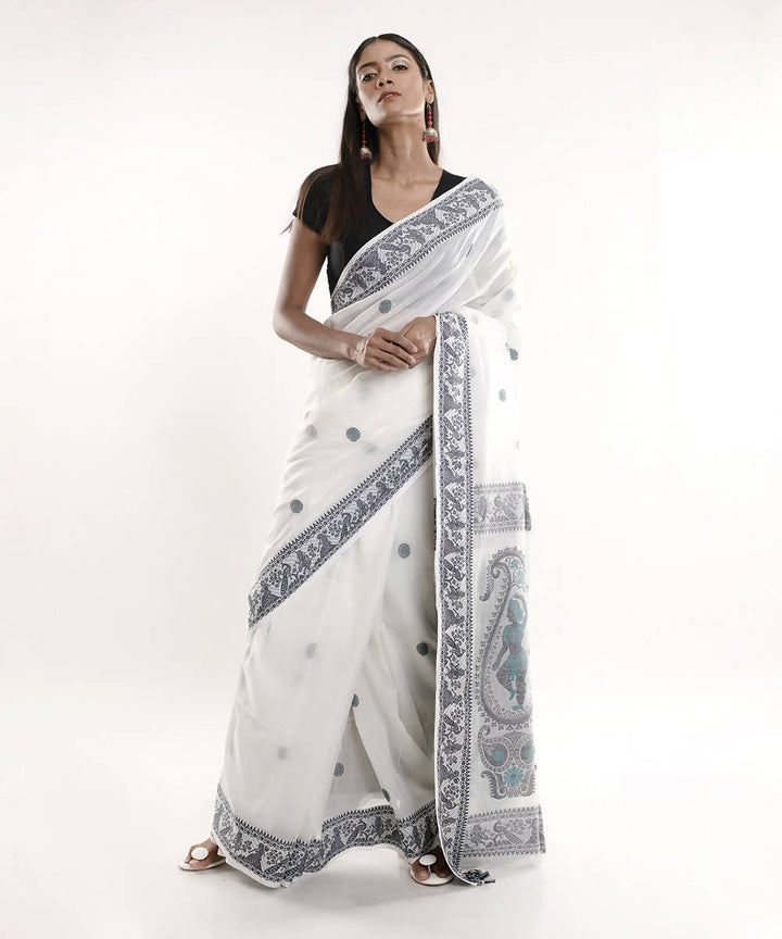White black handblock print bengal cotton saree
