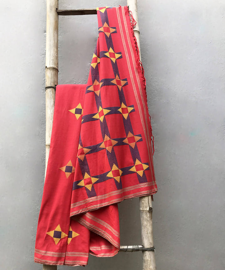 Red yellow handwoven extra weft cotton saree