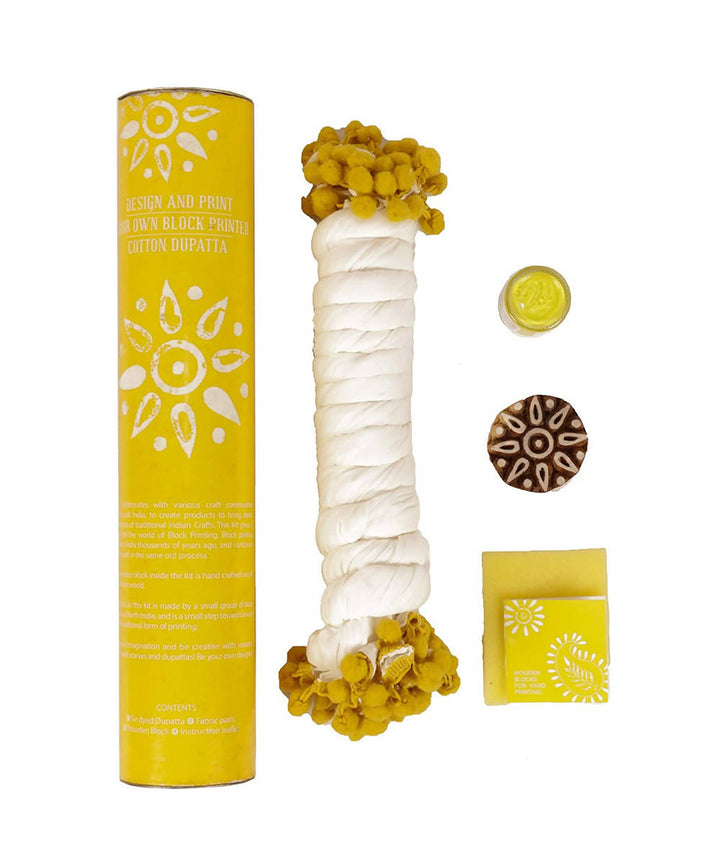 Handmade Wooden Rangoli Block Print DIY Craft Kit Dupatta (Yellow)