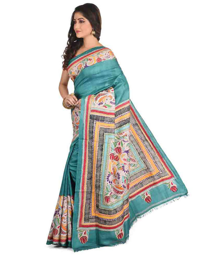Cyan Green exclusive bengal tasar saree with hand embroidery work