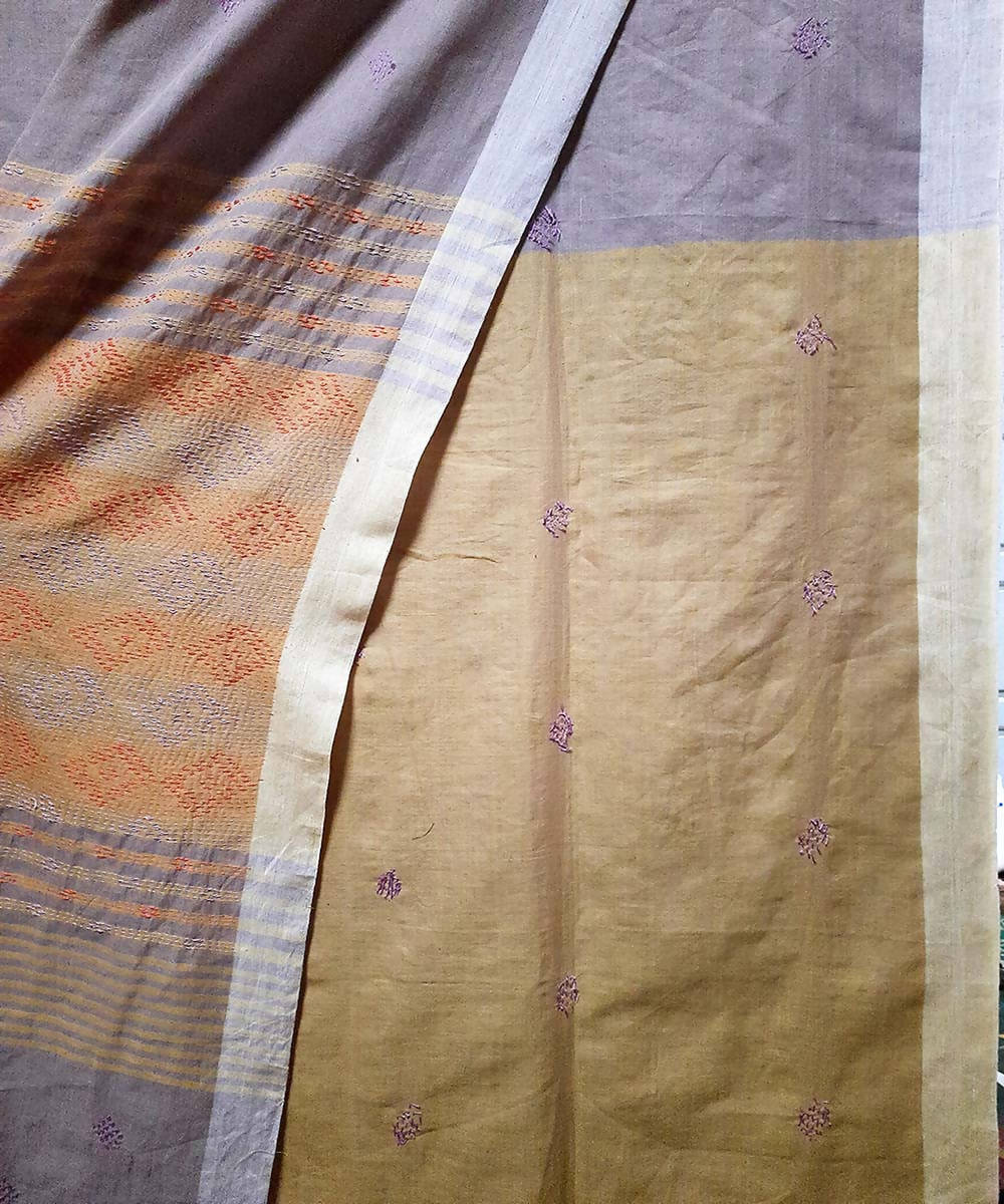 Taupe hand embroidery bengal handwoven cotton saree