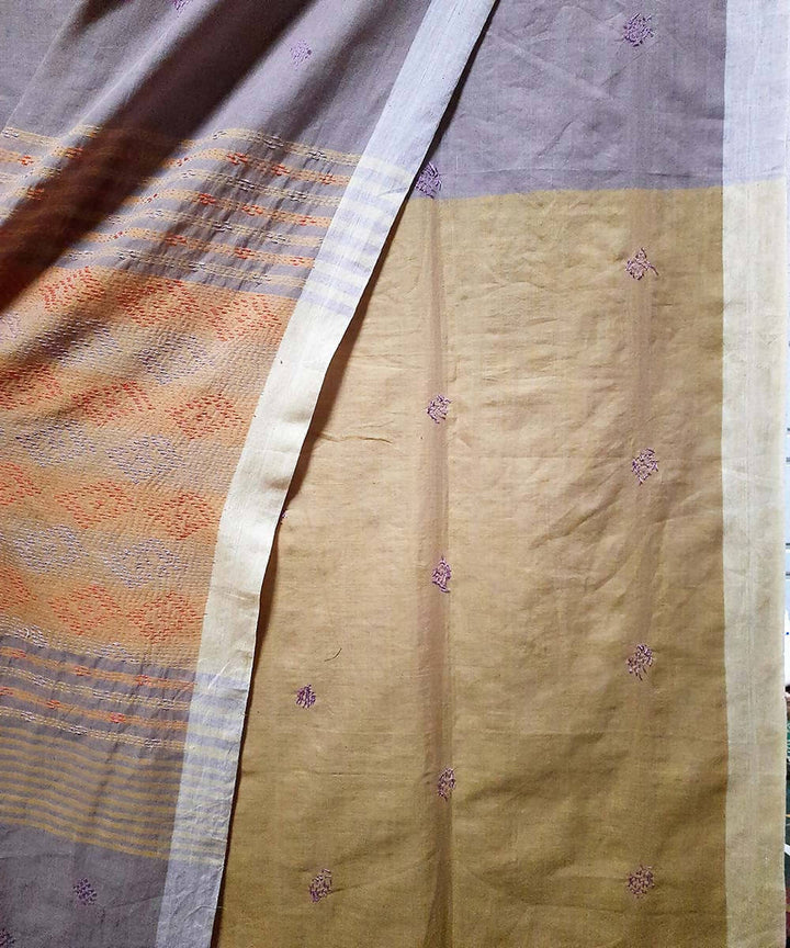 Taupe hand embroidery bengal handwoven cotton saree