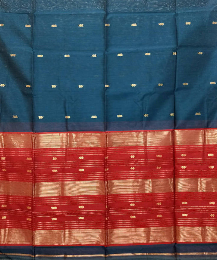 Teal blue red handwoven cotton silk maheshwari saree