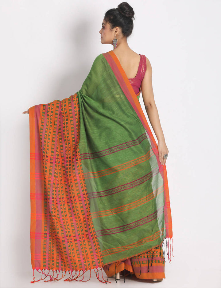 Green red begampuri handspun handwoven cotton saree