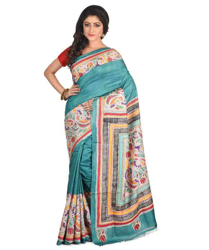 Cyan Green exclusive bengal tasar saree with hand embroidery work