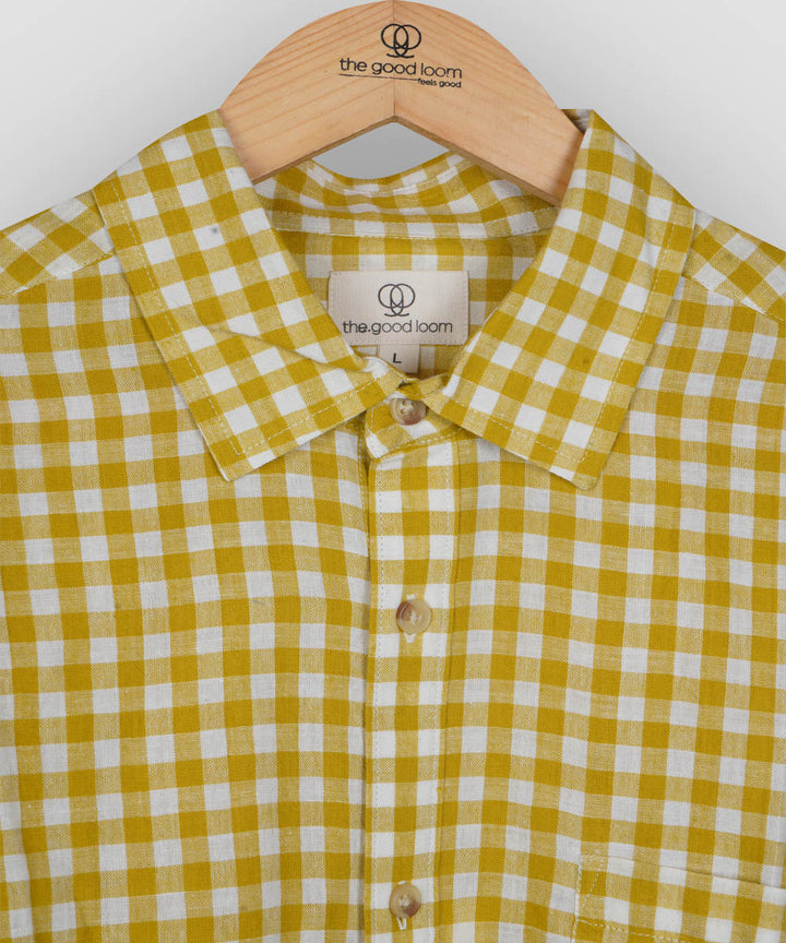 Yellow white checks regular collar cotton shirt