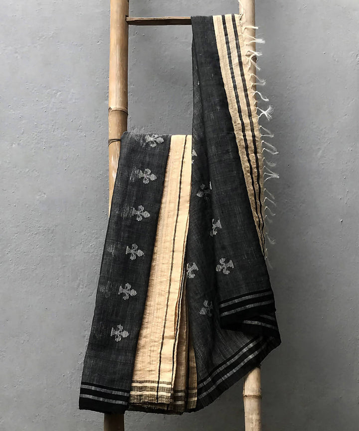 Black beige handwoven extra weft cotton silk saree