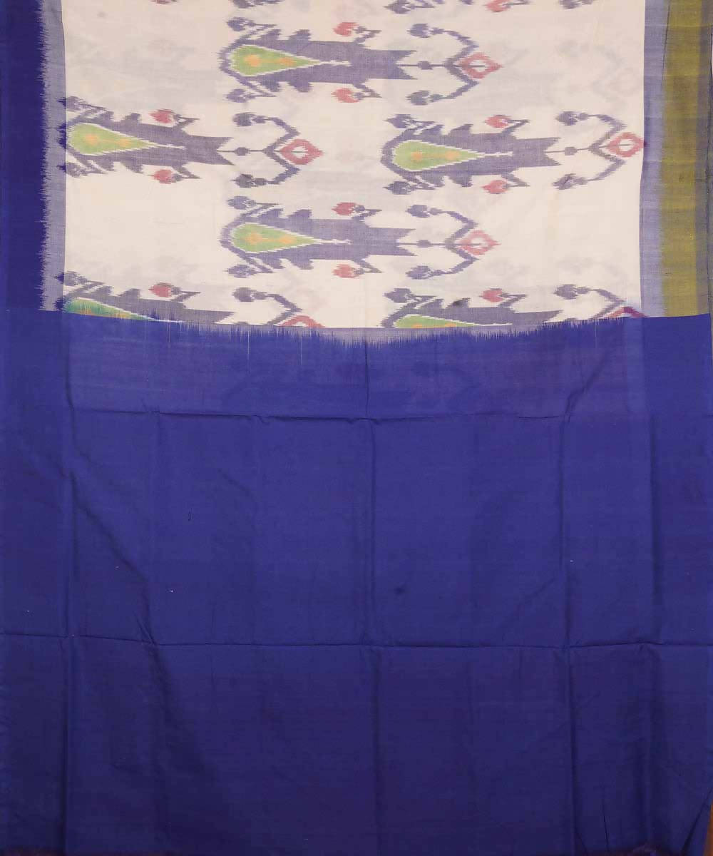 White and blue cotton handwoven ikat pochampally saree