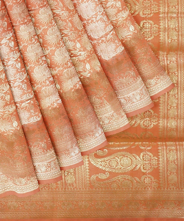 Light orange handloom silk katan banarasi saree